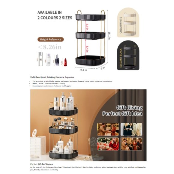 3 Tiers - 360° Turntable Makeup Organizer - Lazy Susan Cosmetics Storage - Picture 8 of 10